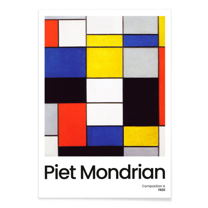Abstract geometric art poster with colorful squares and rectangles by Piet Mondrian Composition A modern wall decor, with black aluminium frame on white background
