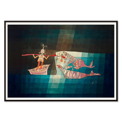 Abstract poster of a fighting scene with fisherman and sea creatures from the comic opera the seafarer by Paul Klee, with black aluminium frame on white background