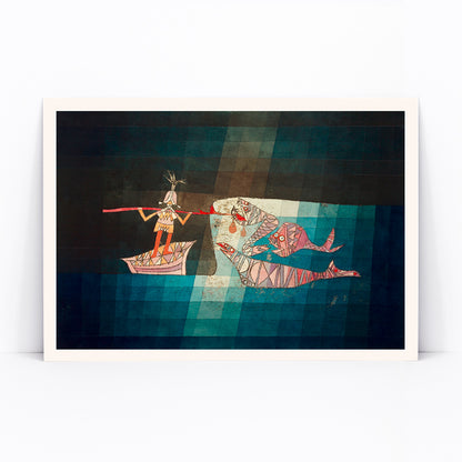 Abstract poster of a fighting scene with fisherman and sea creatures from the comic opera the seafarer by Paul Klee, framed and displayed in modern living room decor