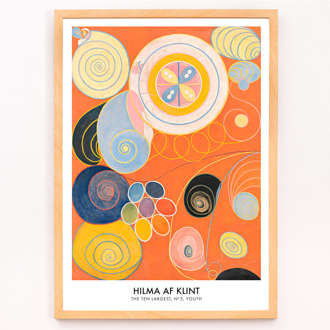 Closeup detail of Abstract colorful spirals and organic shapes on vibrant orange background from The Ten Largest Youth by Hilma af Klint