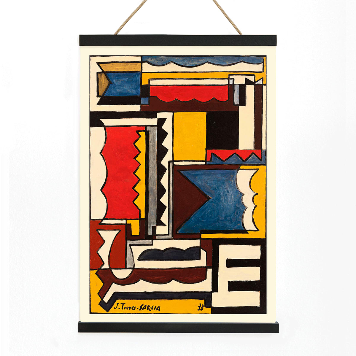 Abstract geometric painting and poster by Joaquin Torres-Garcia titled Structure with Shapes, with wooden magnetic frame on white background