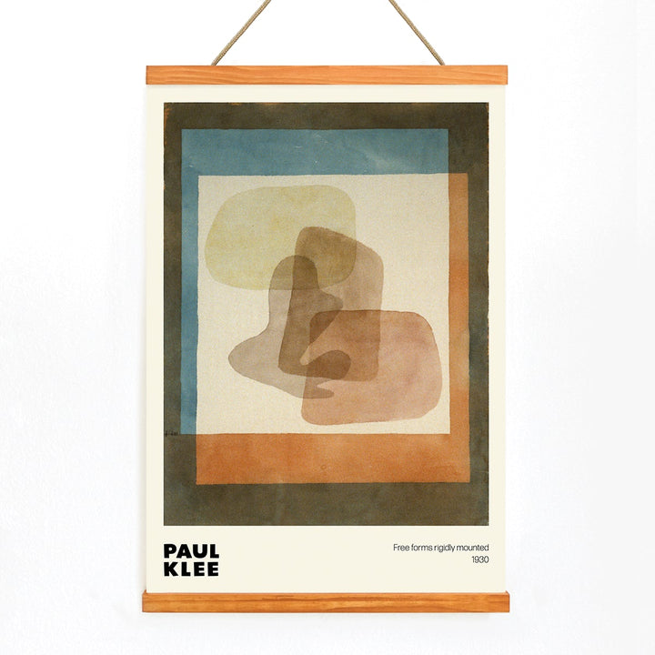 Abstract art by Paul Klee featuring overlapping and layered colors with geometric shapes from Free forms rigidly mounted, with wooden magnetic frame on white background