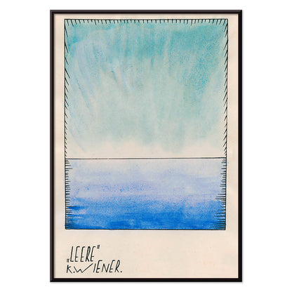 Abstract blue gradient watercolor art by Karl Wiener titled Leere minimalist poster featuring abstract shapes in blue tones modern decor, with black aluminium frame on white background