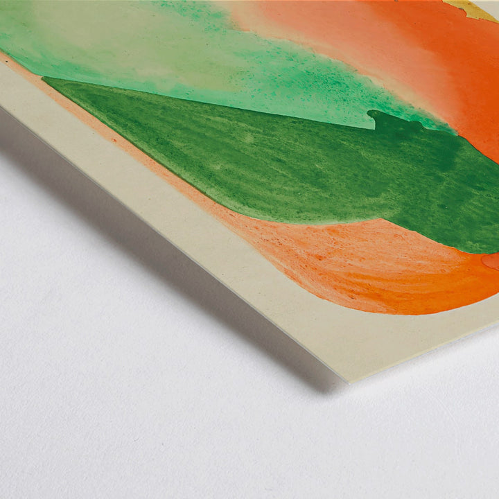 Closeup detail of Abstract watercolor painting with vibrant orange and green shapes titled Farbstudien 10 Blätter I by Wassily Kandinsky and Paul Klee