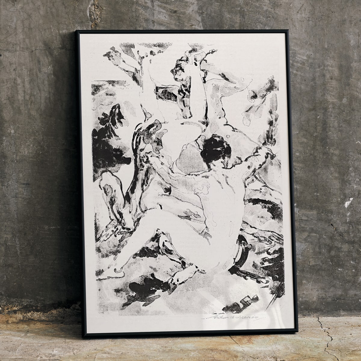 Three acrobats in dynamic abstract black and white style by Arthur Bowen Davies poster depicting figures in motion, framed and displayed in home decor