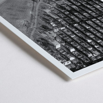 Closeup detail of Aerial cityscape and black and white poster of Barceloneta beach and city grid aerial view