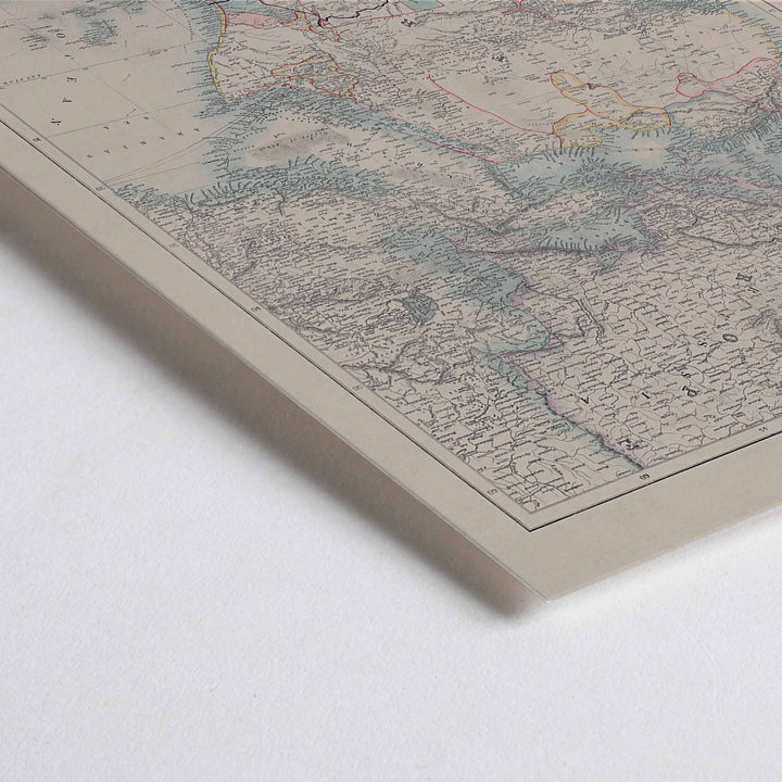 Closeup detail of Wyld New Map of Africa vintage cartographic poster in beige grey blue and red tones