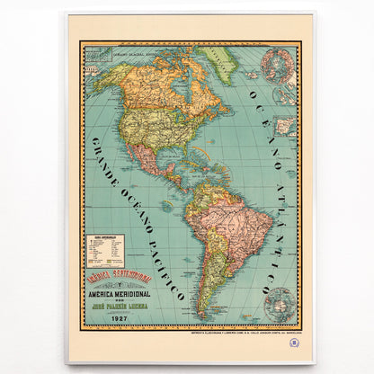 Closeup detail of Vintage map poster of North and South America titled América septentrional y América meridional by Paluzie Lucena Josep