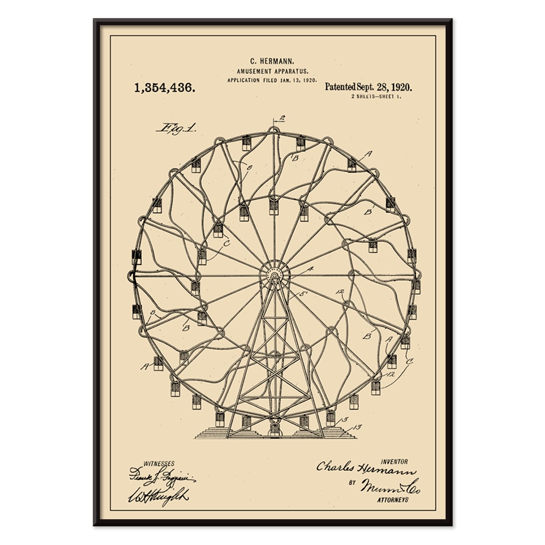 Vintage Ferris Wheel Patent Drawing Amusement Apparatus by Charles Hermann Poster, with black aluminium frame on white background
