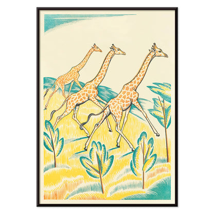 Colorful jungle artwork with three giraffes by Clifford Webb titled A Jungle Picnic Pl.04 Girafe, with black aluminium frame on white background