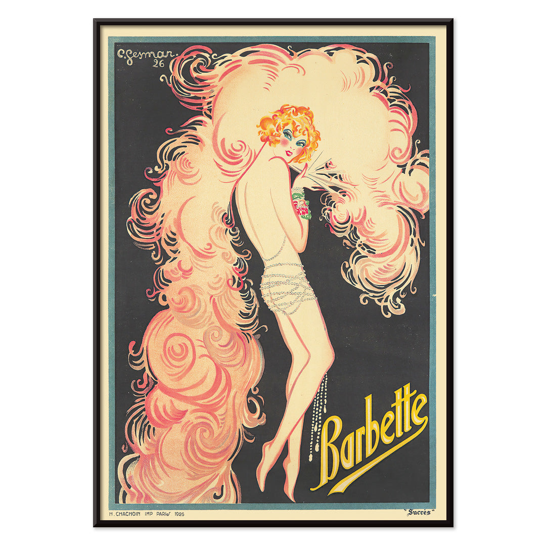 Colorful Art Deco performer illustration with pink swirls and flowing feathers by Charles Gesmar Barbette vintage wall decor poster, with black aluminium frame on white background