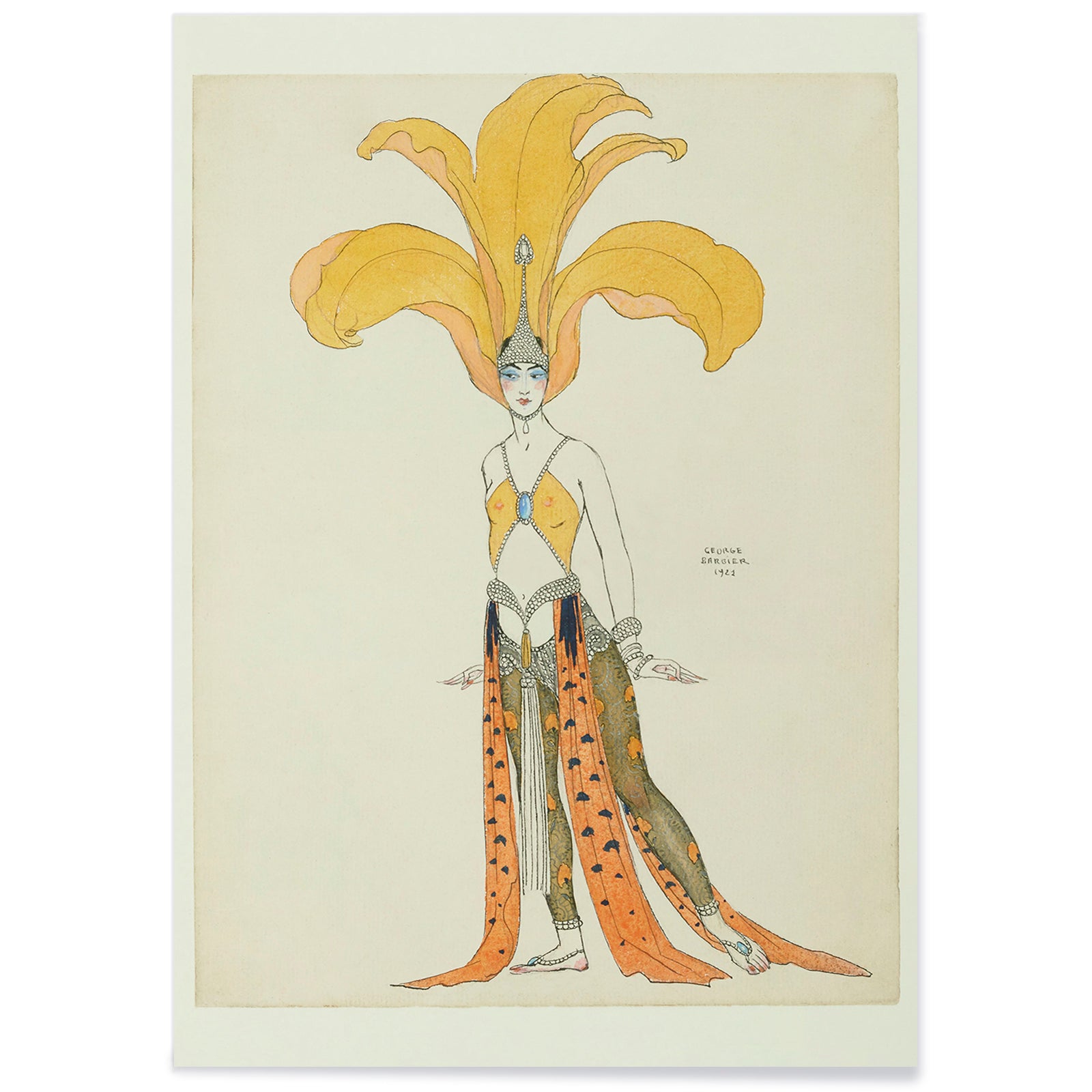 Elegant oriental dancer in elaborate orange costume with headdress from Danseuse en costume oriental by George Barbier poster, with black aluminium frame on white background