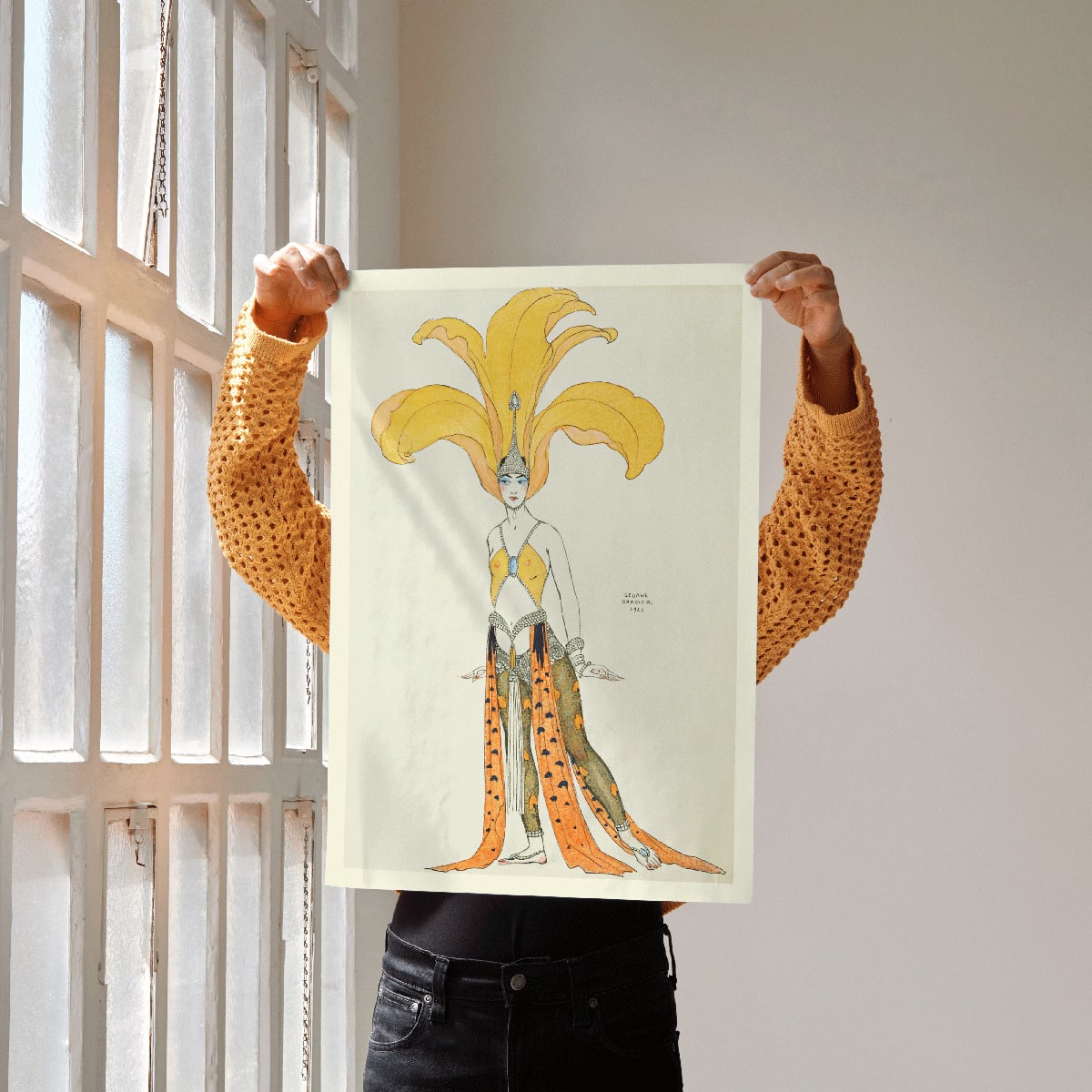 Elegant oriental dancer in elaborate orange costume with headdress from Danseuse en costume oriental by George Barbier poster, framed and displayed in modern living room decor