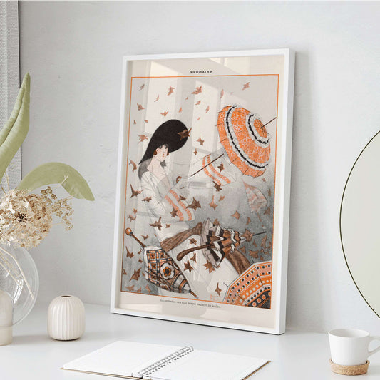 Brumaire by Armand Vallee poster featuring an elegant woman with a parasol surrounded by autumn leaves and wind, framed and displayed in home decor