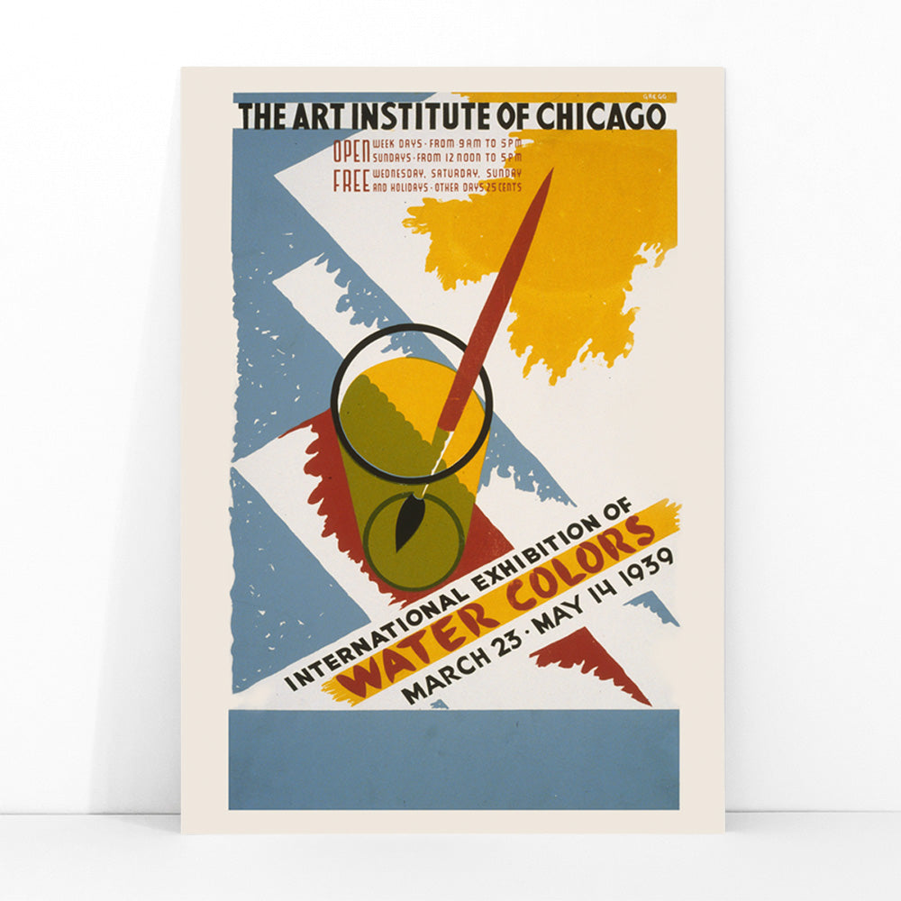 Colorful poster art for International exhibition of water colors by Arlington Gregg featuring paintbrush watercolor palette abstract brush strokes and a paintbrush in a glass, framed and displayed in modern living room decor