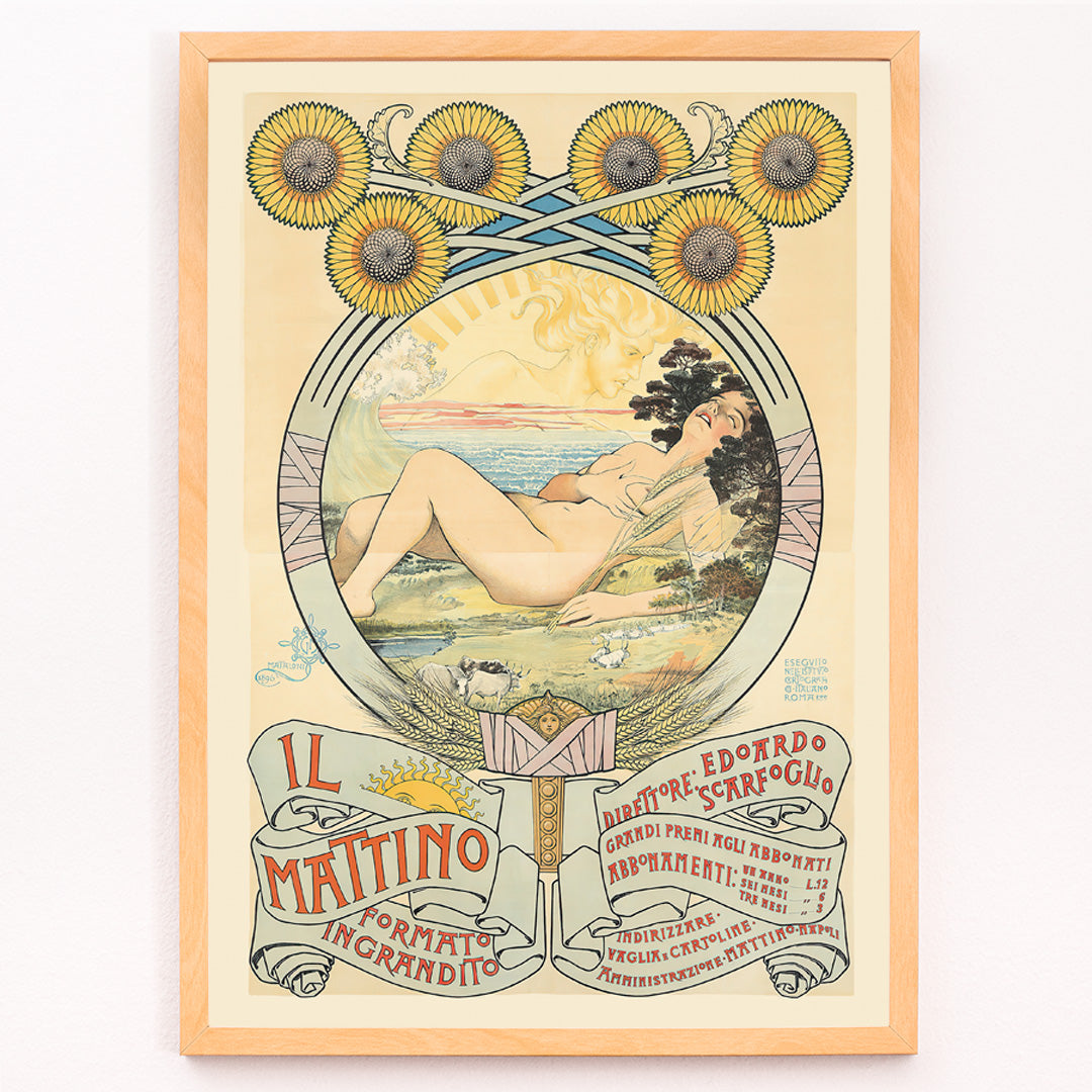 Closeup detail of Art Nouveau poster of a reclining woman with sunflowers and pastoral landscape by Giovanni Mataloni II Mattino perfect for art lovers