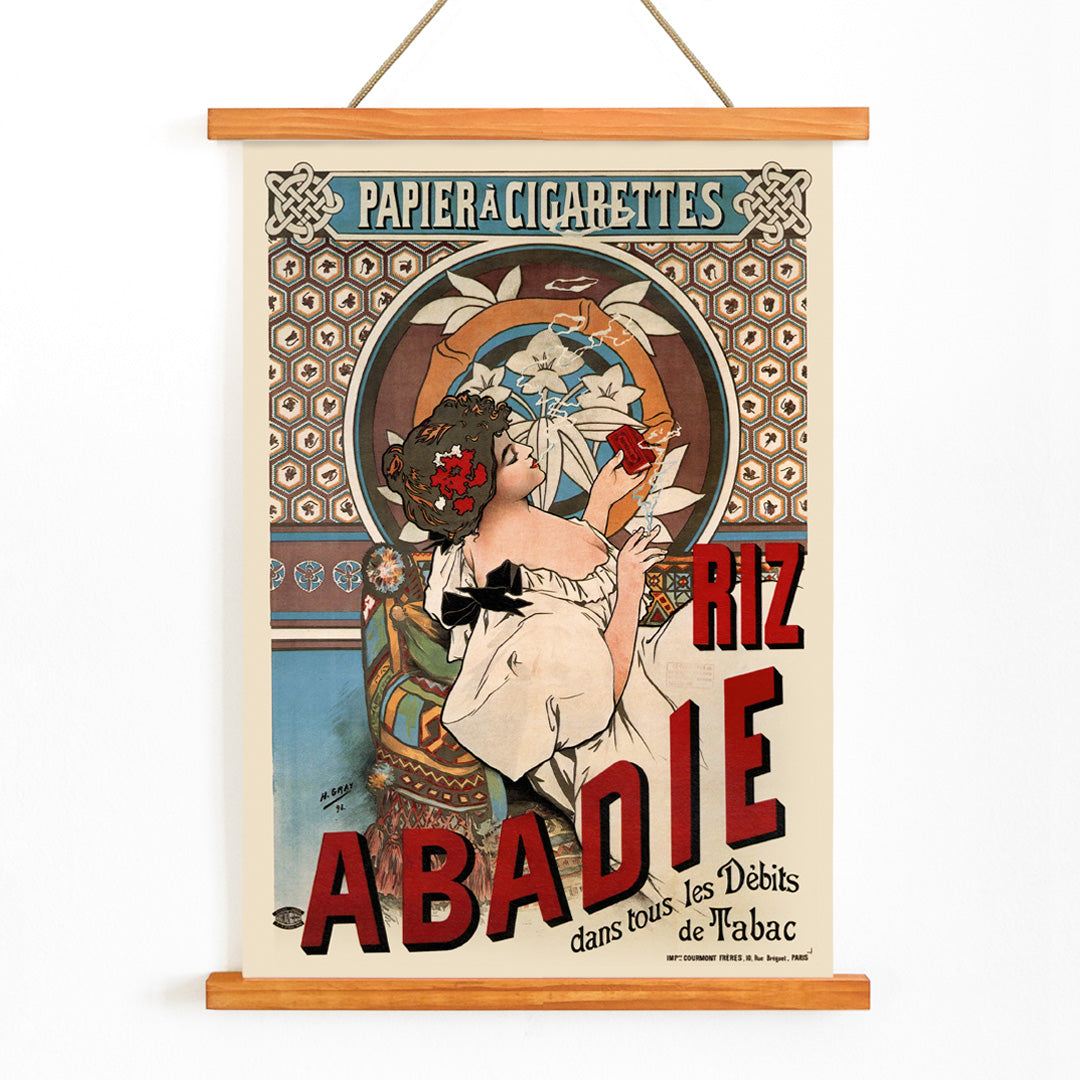 Art nouveau posters by Alphonse Mucha featuring women with floral backgrounds and Riz Abadie cigarette papers, with wooden magnetic frame on white background
