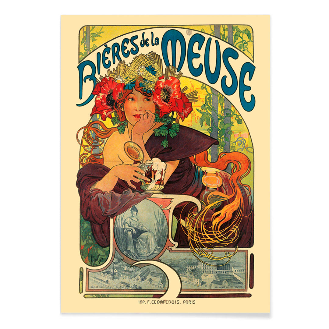 Art Nouveau poster of a woman with flowers in her hair holding a beer glass Bières De La Meuse by Alphonse Mucha, with black aluminium frame on white background