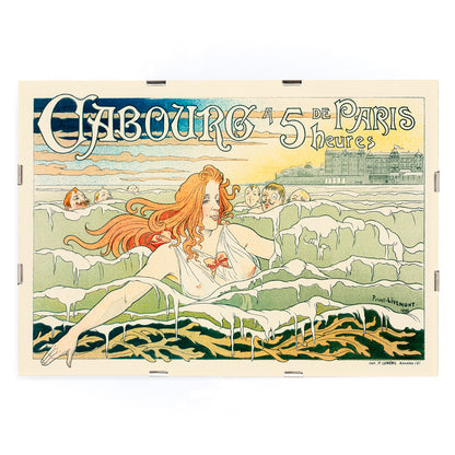 Art Nouveau poster of a red haired woman with flowing hair swimming in the sea near Casino De Cabourg by Henri Privat Livemont, framed and displayed in modern living room decor
