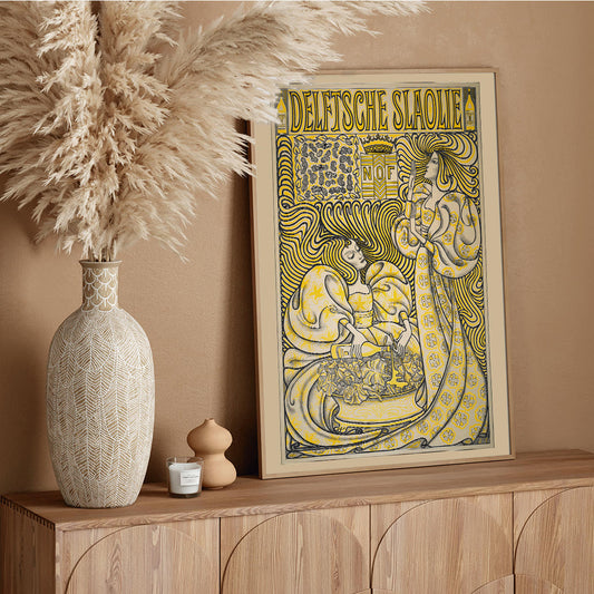 Poster of two women in flowing dresses with decorative swirling patterns and a salad oil bottle Delft Salad Oil by Jan Toorop, framed and displayed in home decor