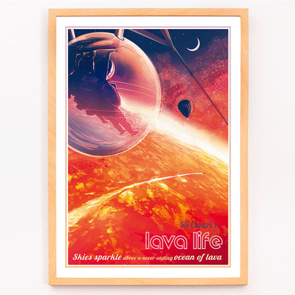 Astronaut in a pod above a glowing lava planet with a hot air balloon and crescent moon in Lava Life by NASA poster, framed and displayed in modern living room decor