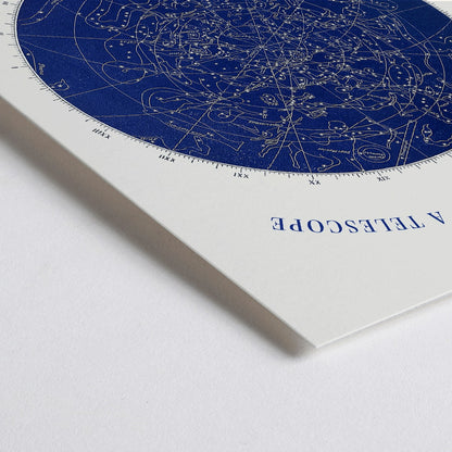 Closeup detail of Star map and poster of constellations titled Astronomy without a Telescope by Elias Colbert featuring celestial star chart in blue