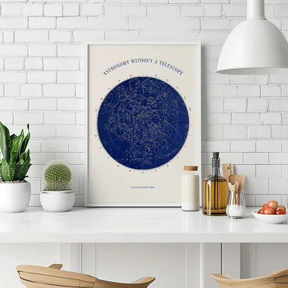 Star map and poster of constellations titled Astronomy without a Telescope by Elias Colbert featuring celestial star chart in blue, framed and displayed in modern living room decor