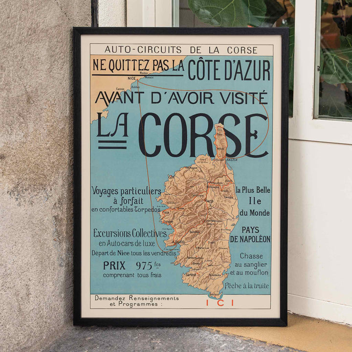 Auto-Circuits de la Corse poster map of Corsica with touring routes and sea connections to Nice and Cannes, framed and displayed in home decor