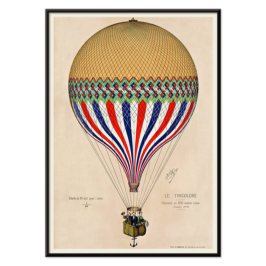 French flag hot air balloon in red white and blue ascending over Paris artwork Le Tricolore by E Hennequin with passengers, with black aluminium frame on white background