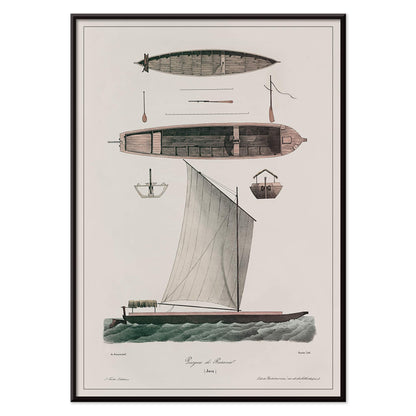 Pirogues of Batavia poster by J. Tastu featuring historic Java boats and a sailing pirogue in muted green beige tones, with black aluminium frame on white background
