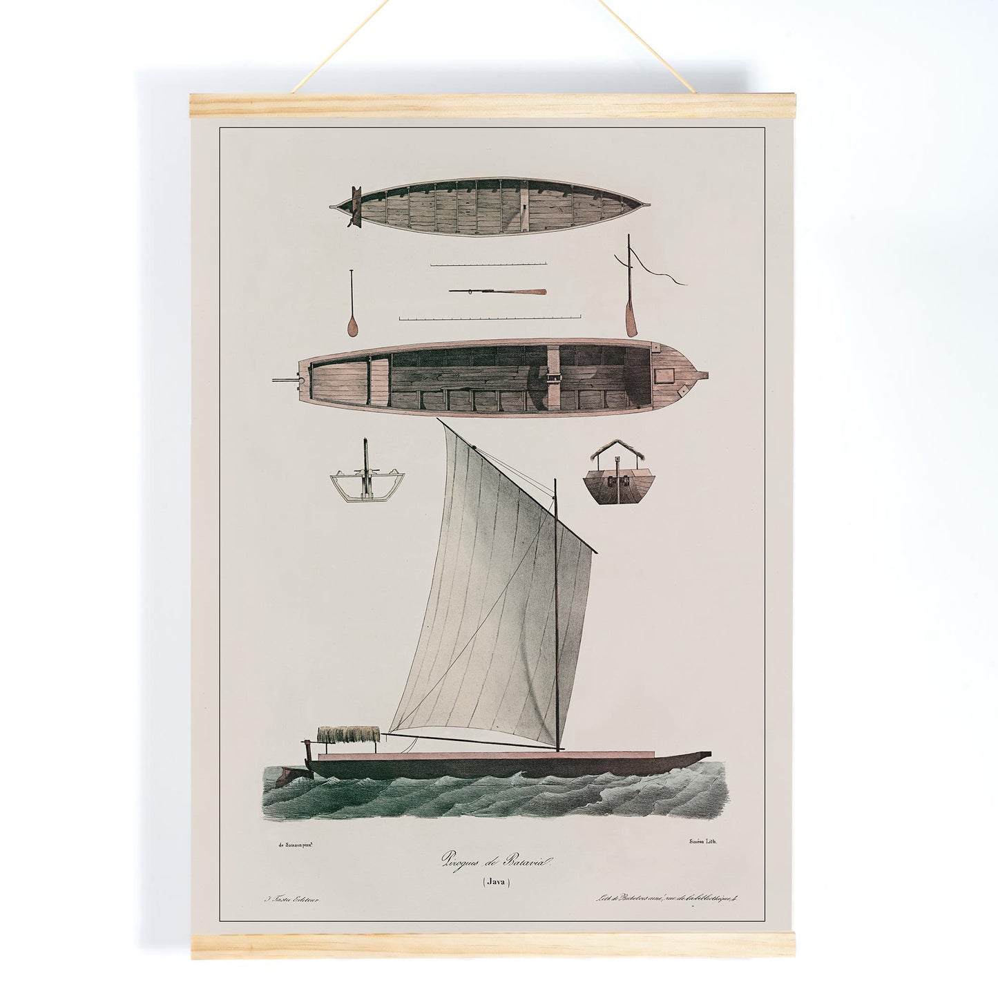 Pirogues of Batavia poster by J. Tastu featuring historic Java boats and a sailing pirogue in muted green beige tones, with wooden magnetic frame on white background