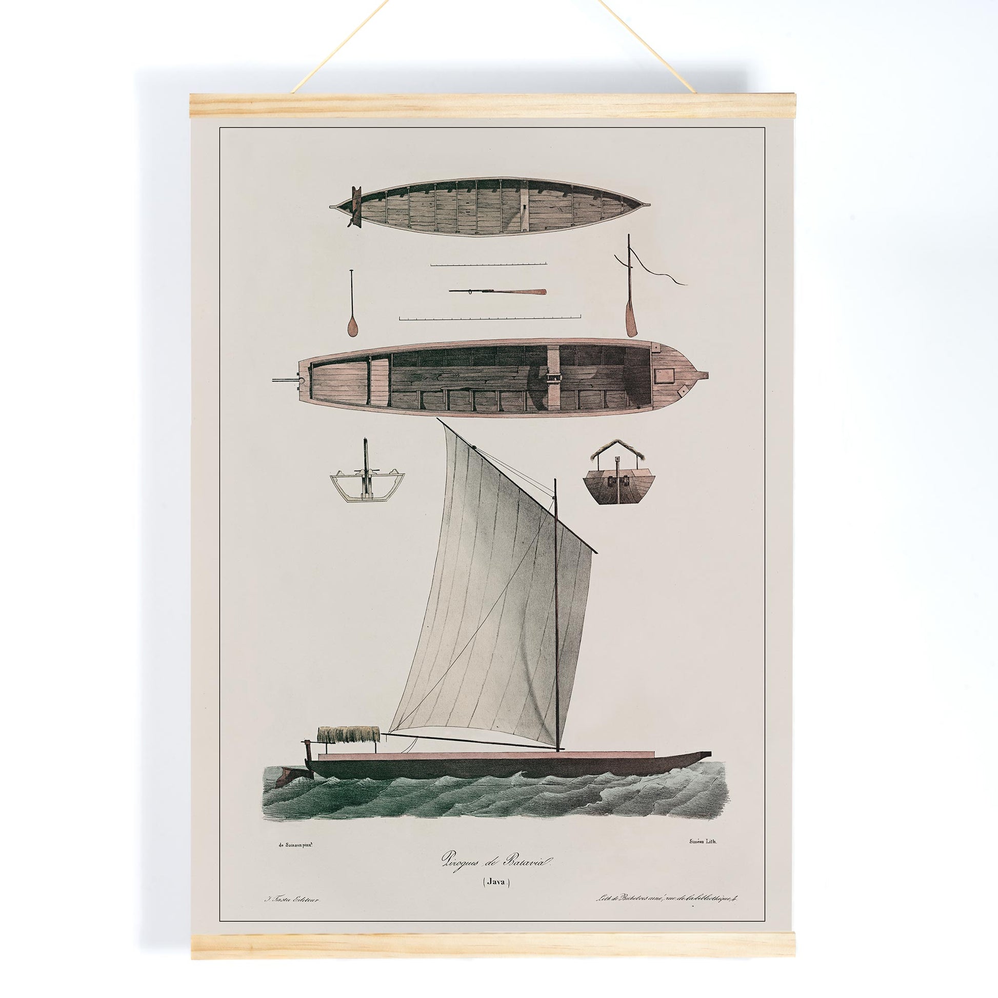 Pirogues of Batavia poster by J. Tastu featuring historic Java boats and a sailing pirogue in muted green beige tones, with wooden magnetic frame on white background