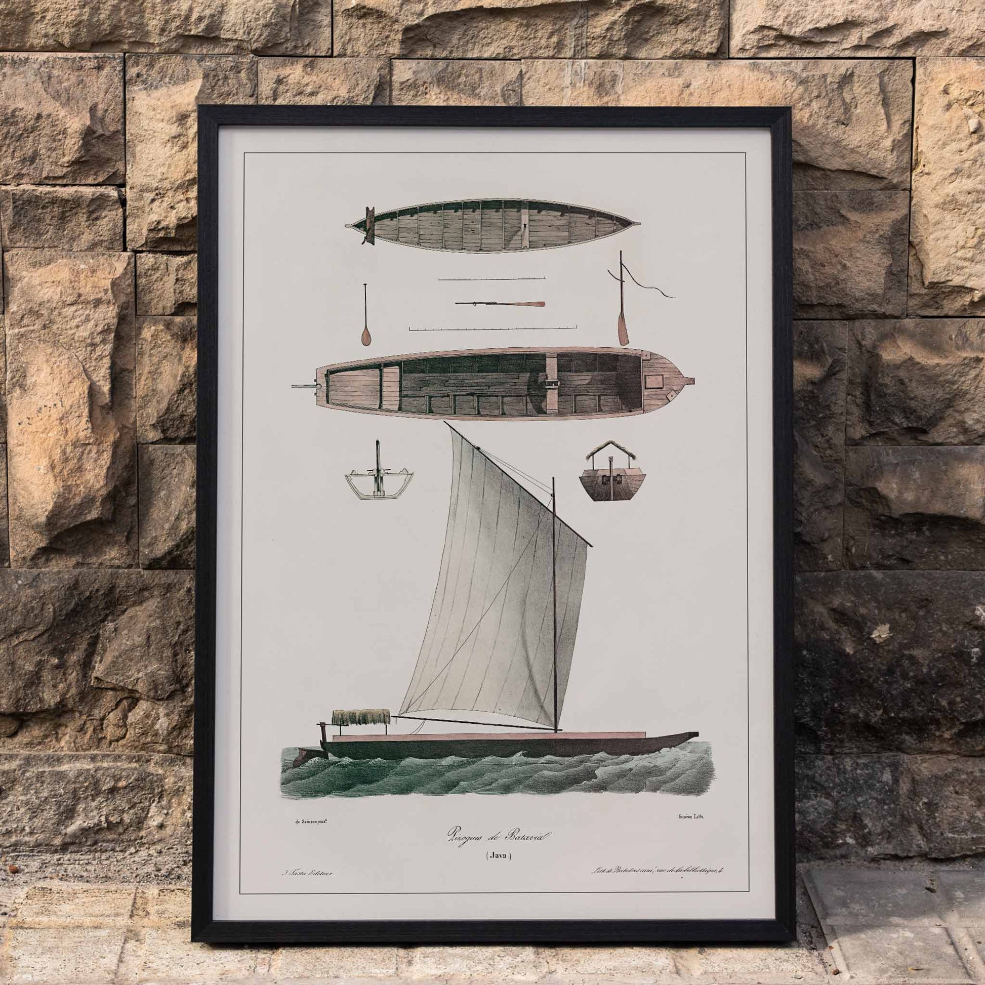 Pirogues of Batavia poster by J. Tastu featuring historic Java boats and a sailing pirogue in muted green beige tones, framed and displayed in home decor