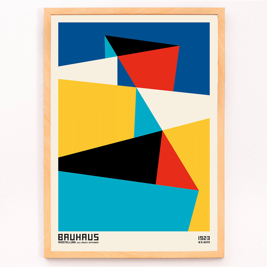 Bauhaus poster 15 by Schlemmer featuring abstract geometric shapes and geometric abstract art in primary colors, framed and displayed in modern living room decor