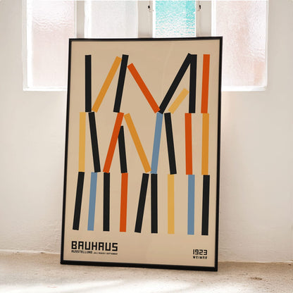 Bauhaus Poster 6 by designer with abstract geometric vertical lines in black orange and blue on beige background inspired by Weimar Exhibition, framed and displayed in home decor