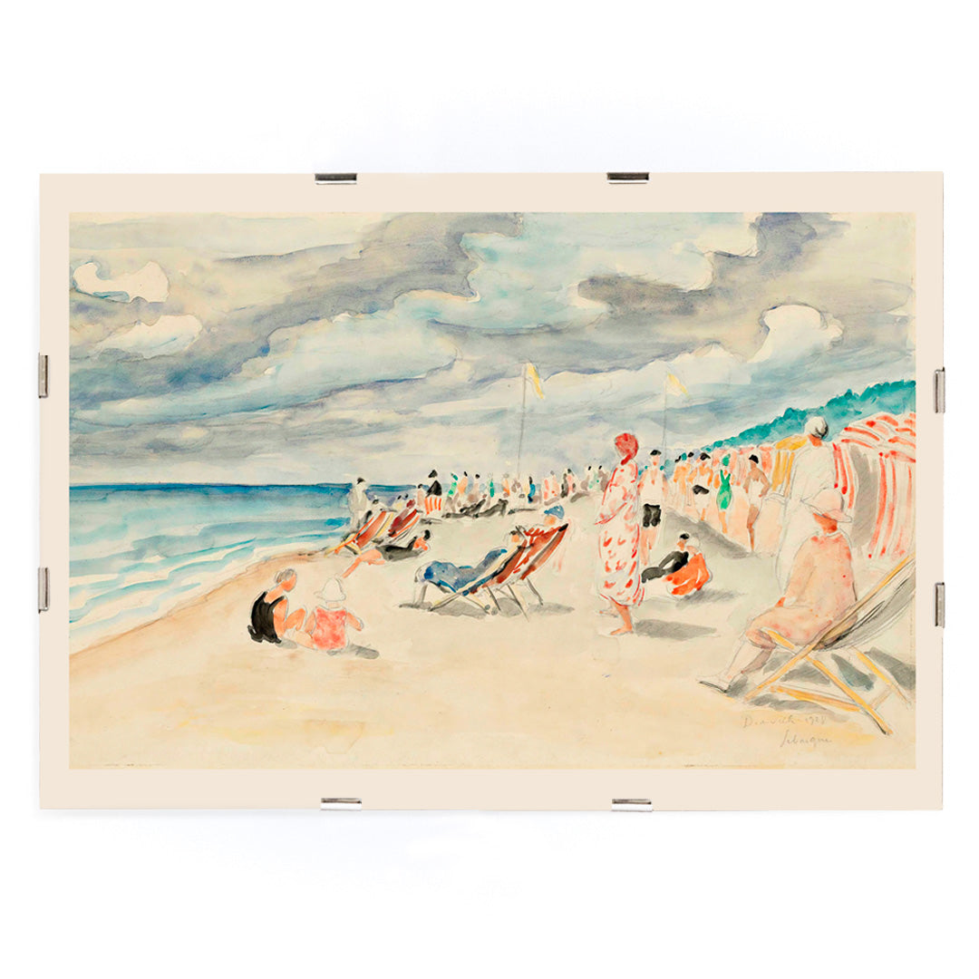 Colorful beach scene with people relaxing on deck chairs and under umbrellas at La plage de Deauville by Henri Lebasque, framed and displayed in modern living room decor