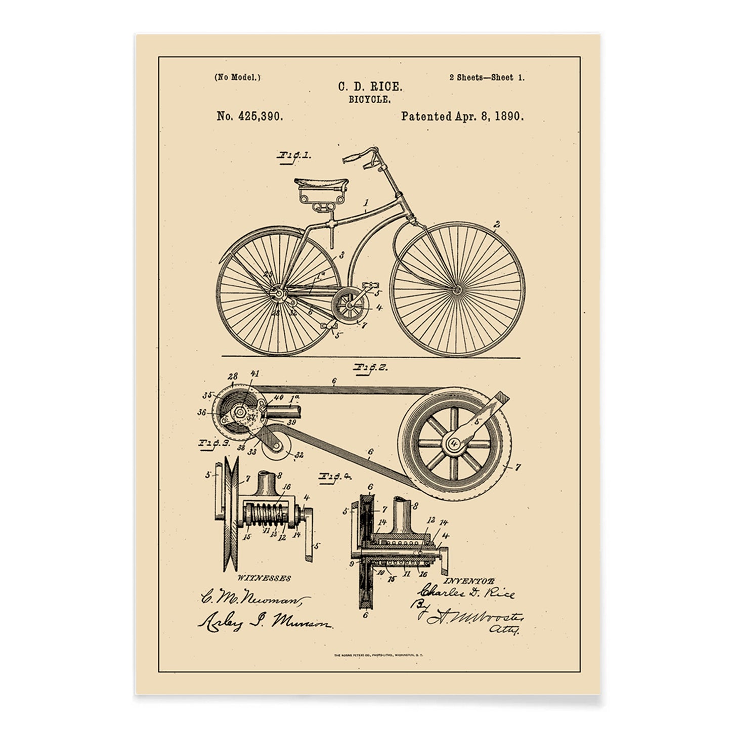 Bicycle technical illustration and mechanical parts drawing by C D Rice from Bicycle patent displayed on vintage background, with black aluminium frame on white background