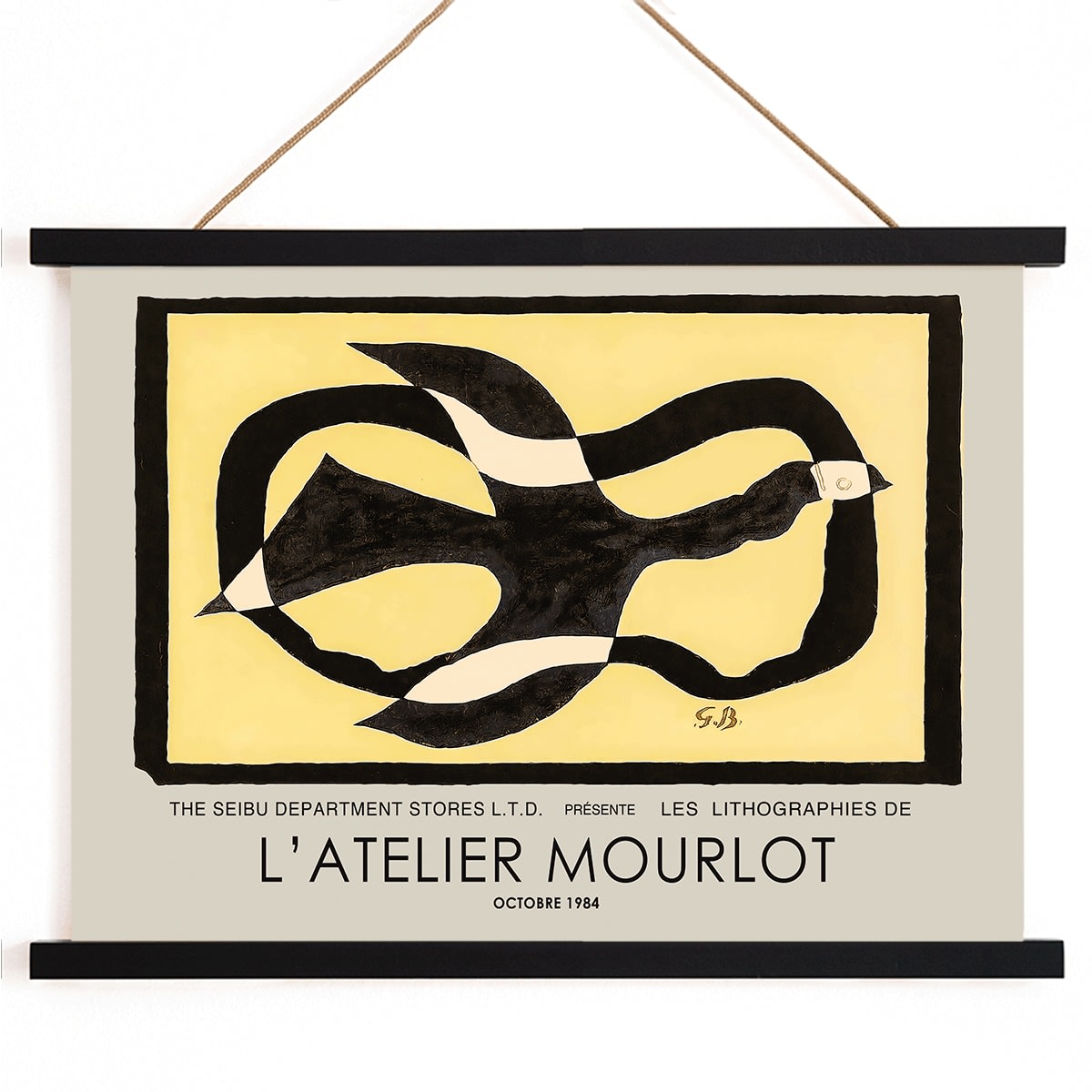 Bird passing through a Cloud by George Braque exhibition poster for L Atelier Mourlot featuring abstract artwork and imagery, with wooden magnetic frame on white background