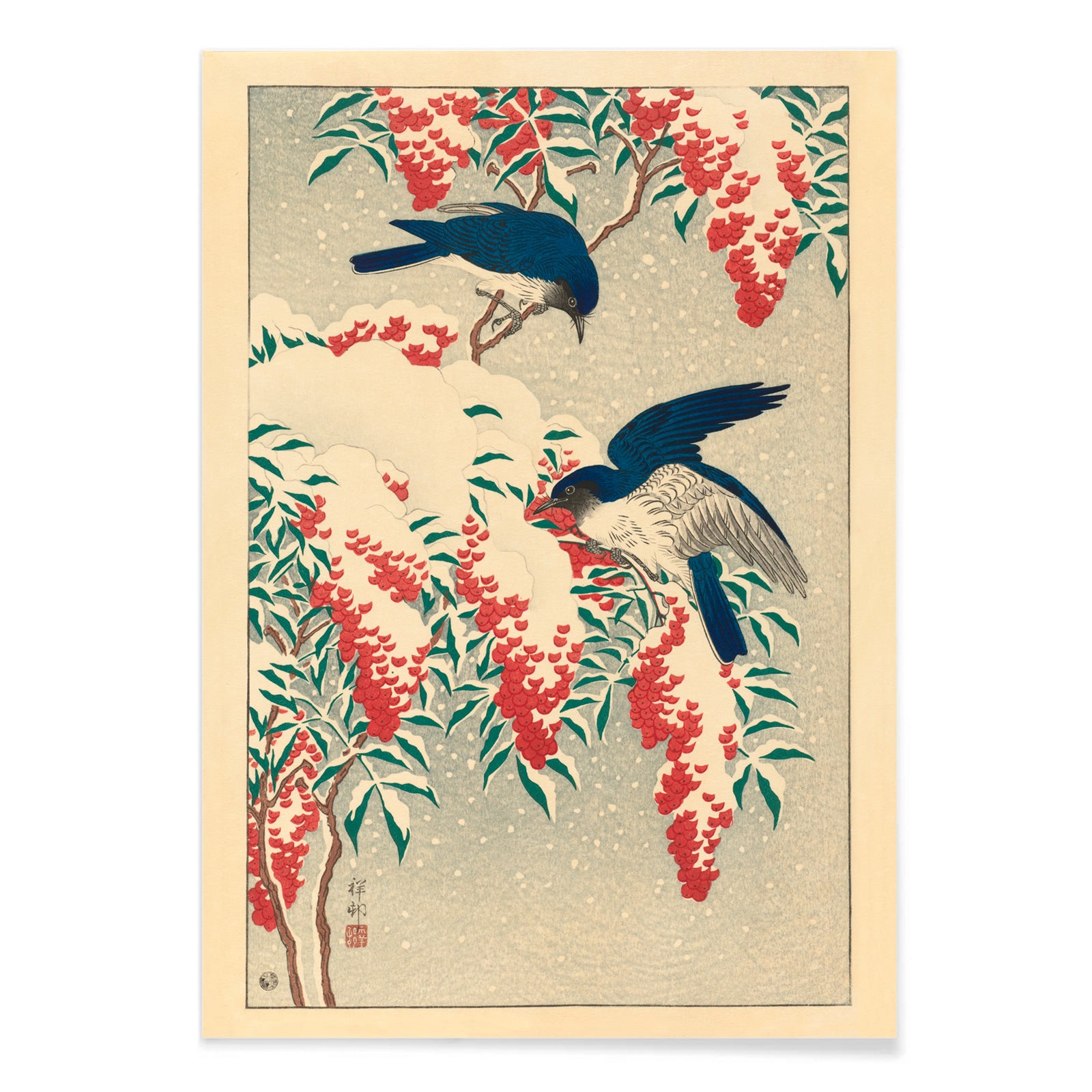 Two blue flycatchers on snow covered nandina bush artwork by Ohara Koson poster, with black aluminium frame on white background