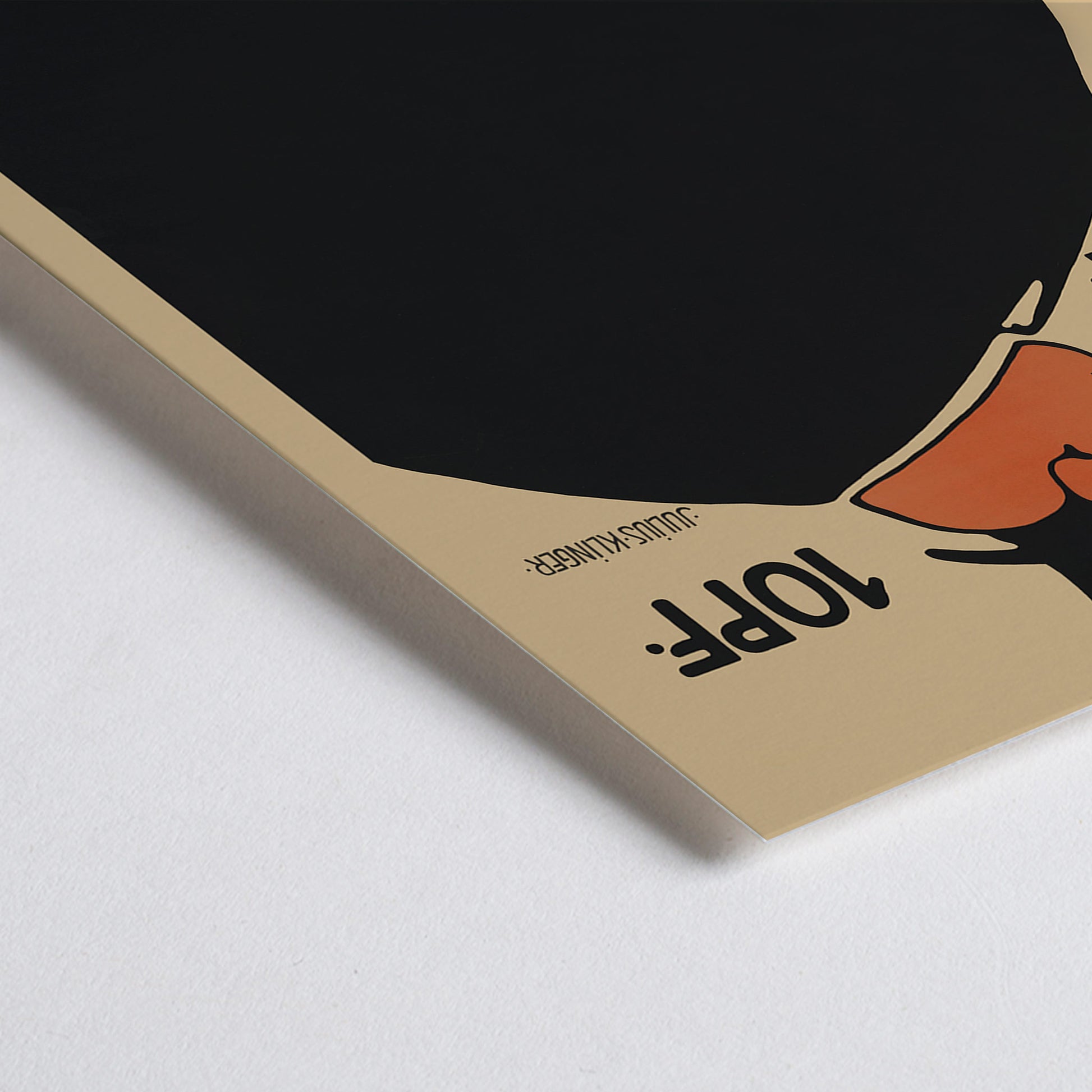Closeup detail of Julius Klinger Das kleine Witzblatt poster with bold black silhouette orange face and hand on beige minimalist background