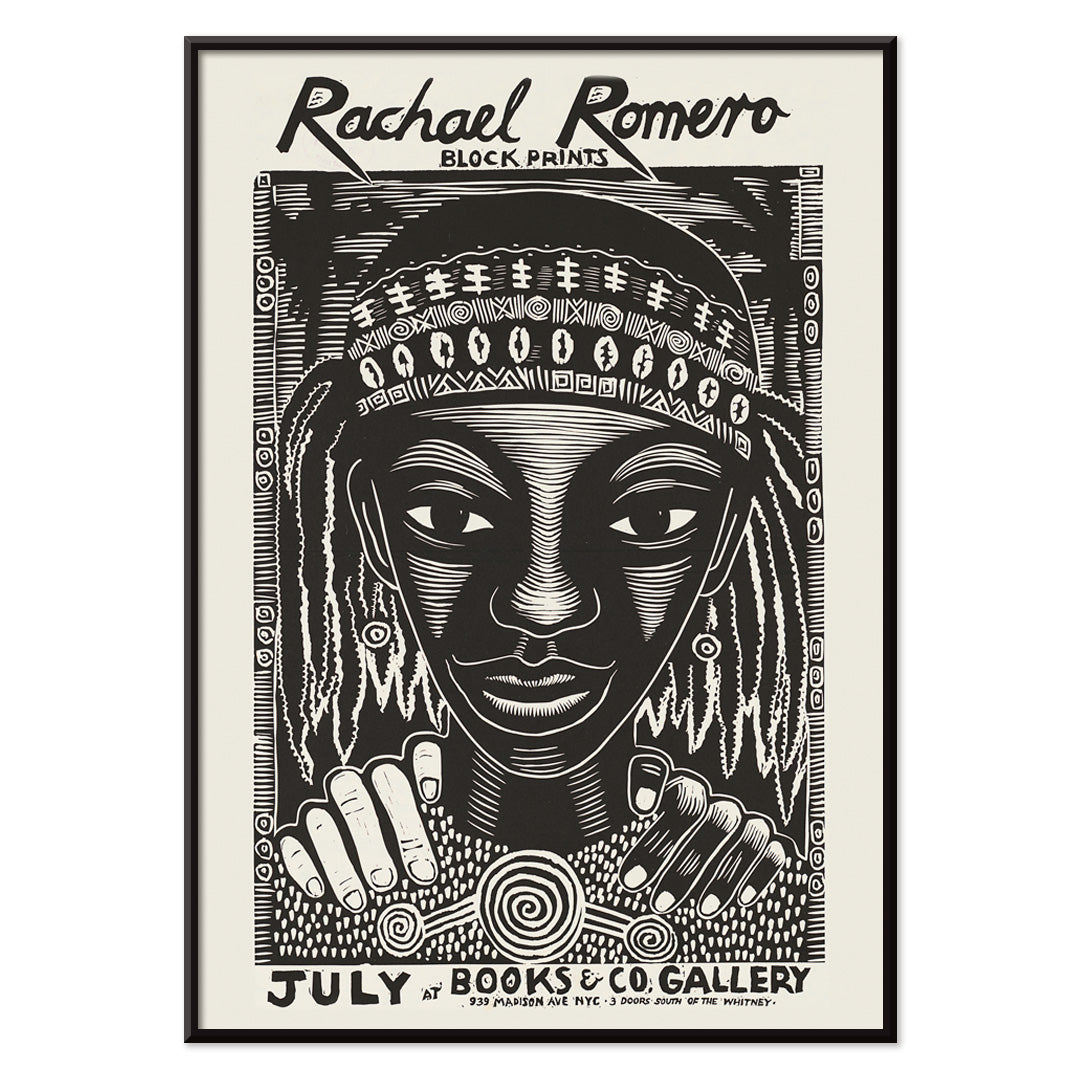 Black and white portrait block print poster with intricate patterns by Rachael Romero at Books and Co gallery, with black aluminium frame on white background