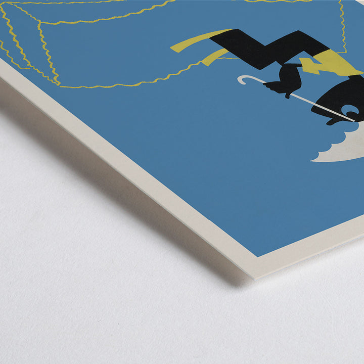 Closeup detail of Arlington Gregg Rain Is Bad for a Book poster blue minimalist figure under white umbrella above book