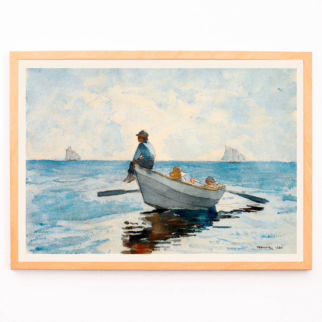 Closeup detail of Boys in a Dory by Winslow Homer three boys relaxing in a rowboat on calm blue ocean with distant sailboats