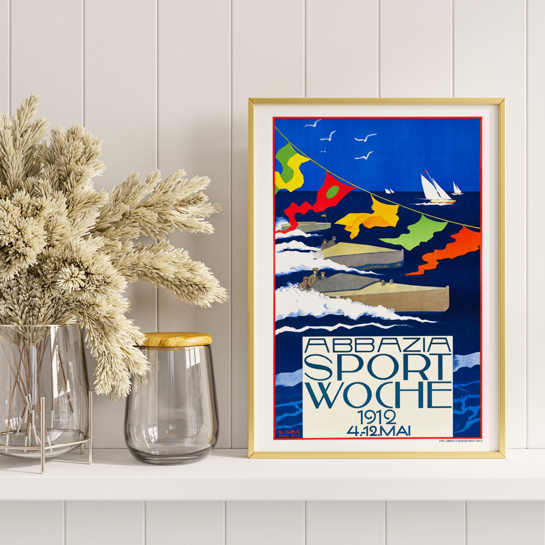 Colorful regatta scene with motorboats and sailboats racing on blue water with colorful flags by Stefanie Glax Abbazia Sport Woche, framed and displayed in home decor