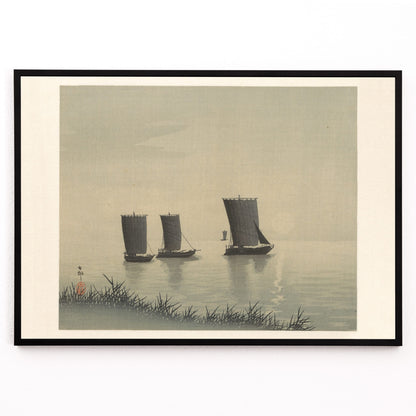 Closeup detail of Serene Japanese art of three traditional fishing boats on calm water at sunset by Ohara Koson