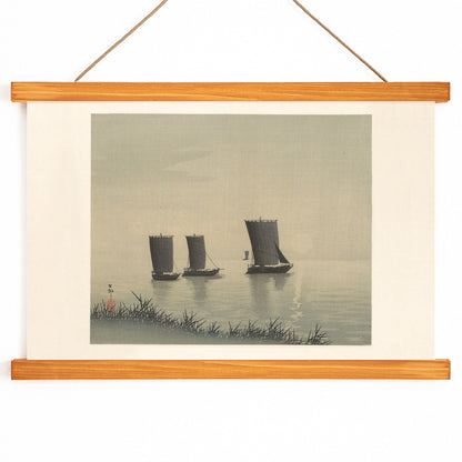 Serene Japanese art of three traditional fishing boats on calm water at sunset by Ohara Koson, with wooden magnetic frame on white background