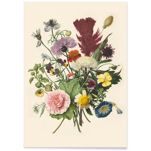 Colorful floral bouquet illustration and detailed still life poster by Herman Henstenburgh for home decor, with black aluminium frame on white background