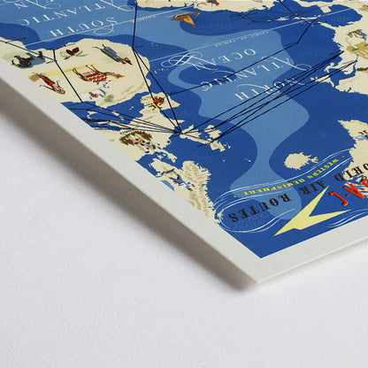 Closeup detail of Colorful map and poster of BOAC British Overseas Airways world air routes over the Atlantic Ocean by Seymour EO