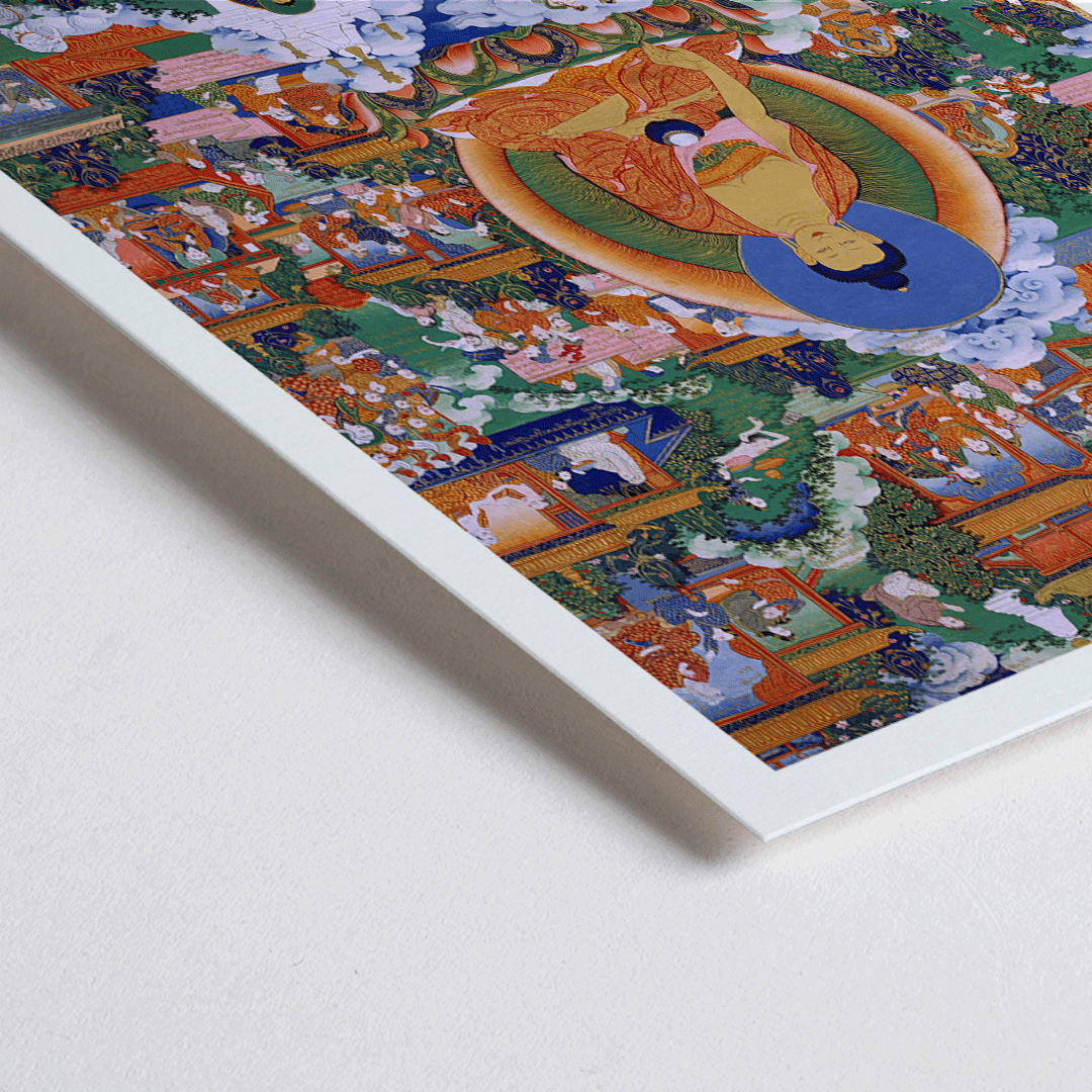 Closeup detail of Shakyamuni Buddha in Avadana Legend Scenes painting and poster depicting life events teachings and surrounded by various figures in a vibrant detailed illustration