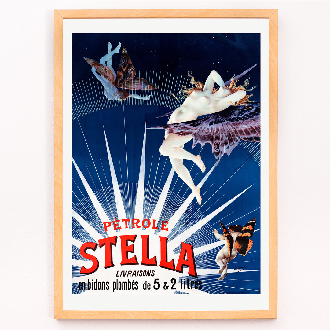 Closeup detail of Art nouveau posters by Henri Boulanger Pétrole Stella featuring a glowing female figure with butterfly wings and a nude figure merging with butterflies against a starry sky for home decor